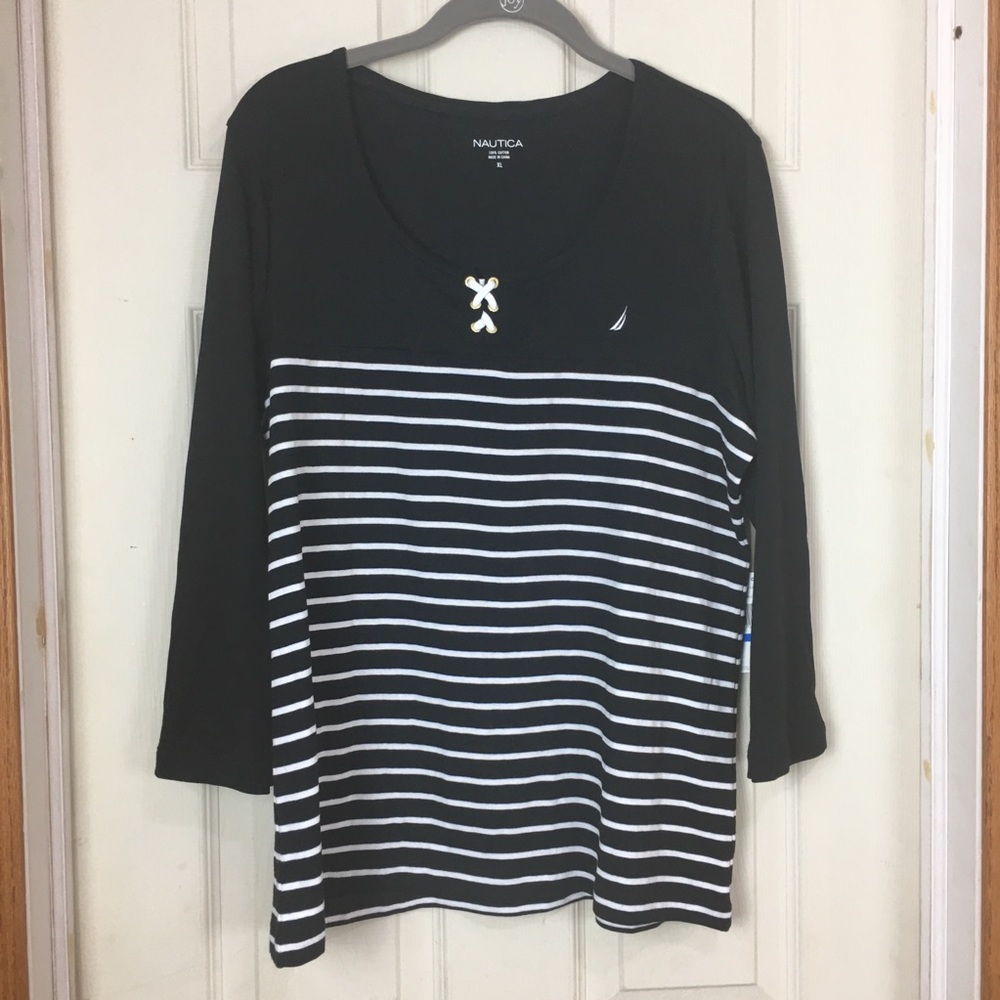NWT Nautica XL black and white striped 3/4 sleeve - Picture 1 of 6
